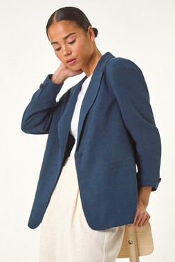 Roman Petite Navy Linen Single Breasted Blazer