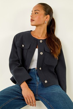 Roman Petite Navy Button Up Pocket Jacket