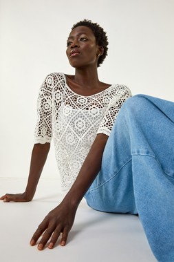 Roman White Cotton Smart Crochet Tee