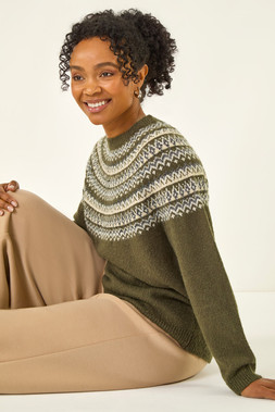 Roman Petite Khaki Metallic Fairisle Jumper