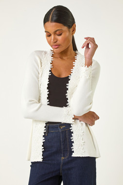 Roman Ivory Lace Trim Knit Cardigan
