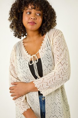 Roman Curve Natural Crochet Tie Front Cardigan