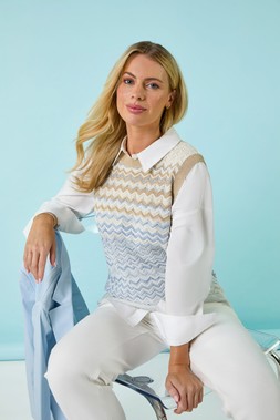 Roman Petite Chevron Stripe Knit Vest & White Stretch Straight Leg Jeans