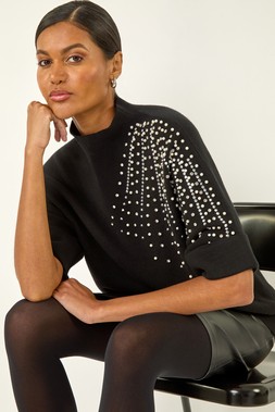Roman Black Embellished Shoulder Knit Jumper