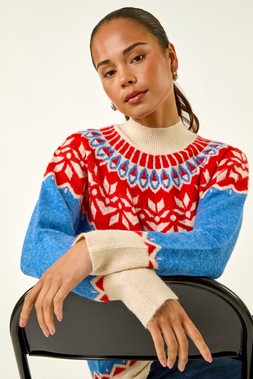 Roman Petite Blue Fairisle High Neck Knit Jumper