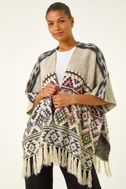Roman Natural Jacquard Tassel Trim Poncho