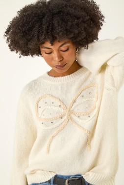 Roman Ivory Faux Pearl Bow Knit Crew Jumper