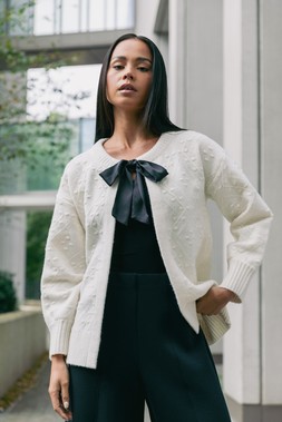 Roman Petite Ivory Tie Front Knit Cardigan