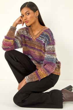 Roman Purple Textured Stripe V-Neck Knit Jumper