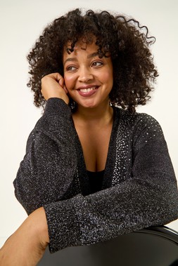 Roman Curve Black Hotfix Longline Knit Cardigan