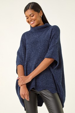 Navy Roll Neck Chenille Knit Poncho