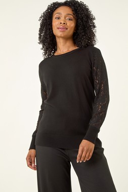 Roman Black Petite Lace Contrast Knit Jumper
