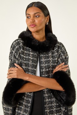 Roman Black Faux Fur Jacquard Knit Poncho