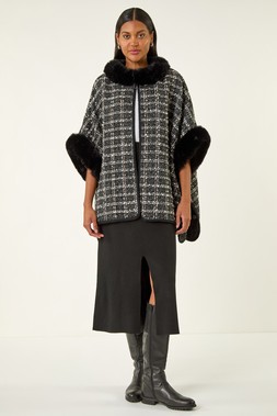 Roman Black Faux Fur Jacquard Knit Poncho
