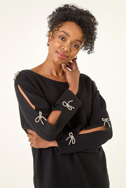 Roman Petite Black Bow Trim Sleeve Knit Jumper