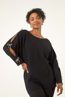 Roman Petite Black Bow Trim Sleeve Knit Jumper