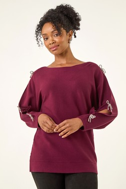 Roman Petite Wine Bow Trim Sleeve Knit Jumper