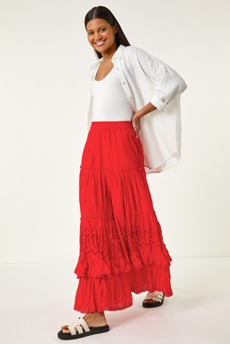 Roman Red Broderie Tiered Maxi Skirt