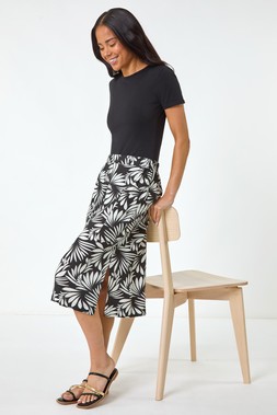 Roman Petite Leaf Print Linen Midi Skirt