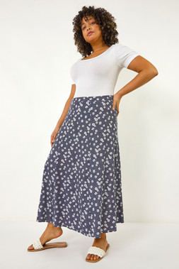 Roman Curve Navy Daisy Print Midi Skirt