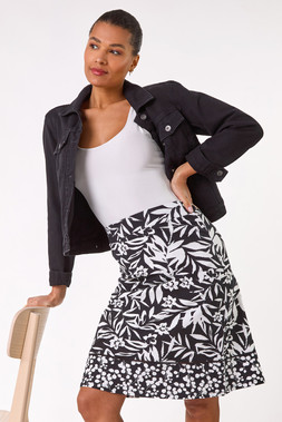 Roman Black A-Line Palm Mono Print Skirt