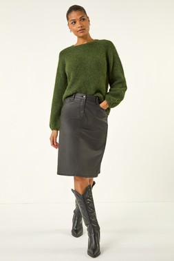 Black Coated Stretch A-Line Skirt