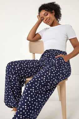 Roman Petite Navy Spot Wide Leg Trouser