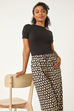 Roman Petite Black Geo Print Wide Leg Stretch Trouser