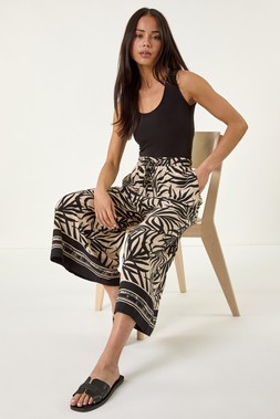 Roman Petite Black Leaf Border Print Tie Waist Culottes