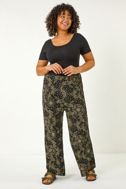 Roman Curve Khaki Paisley Print Wide Leg Trouser