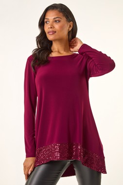 Roman Burgundy Sequin Hem Tunic Stretch Top