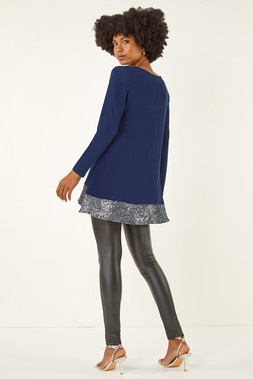 Roman Navy Sequin Hem Tunic Stretch Top
