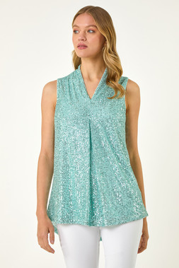 Roman Sequin Pleat Front Vest Top