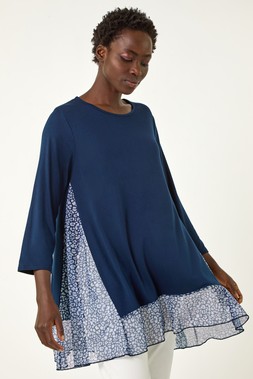 Roman Navy Animal Print Contrast Mesh Hem Stretch Top
