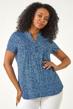 Roman Petite Navy Floral Print V-Neck Stretch Top
