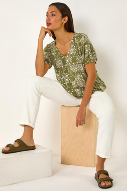 Roman Floral Print Bubble Hem Top