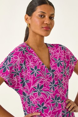 Roman Magenta Floral Print Pleat Front Stretch Top
