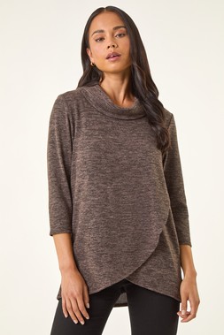 Roman Petite Brown Brushed Knit Wrap Top