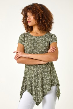 Roman Khaki Leaf Print Hanky Hem Stretch Top