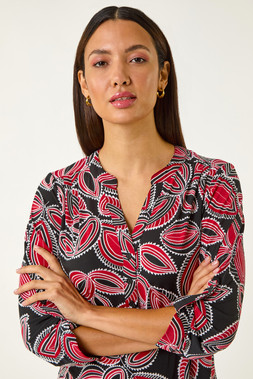 Roman Textured Leaf Print V-Neck Stretch Shirt