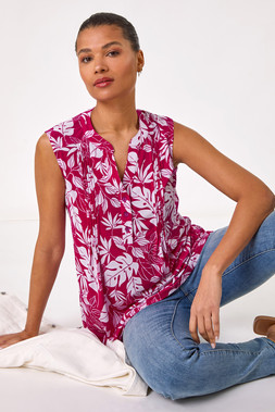 Roman Magenta Textured Leaf Print Sleeveless Vest