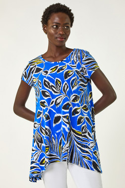 Roman Textured Leaf Print Stretch Tunic Top