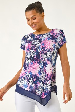 Roman Fuchsia Textured Floral Print Asymmetric Top