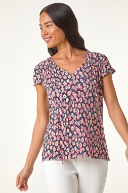 Roman Petite Pink Crinkle Floral V-Neck Top