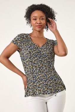 Roman Petite Ditsy Print Crinkle V-Neck Top