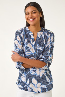 Roman Navy Floral Print Burnout V-Neck Shirt