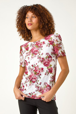 Roman Burgundy Floral Print Lace Stretch Top