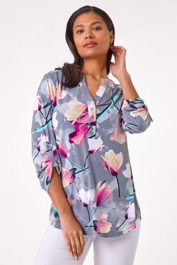 Roman Grey Pink Floral Print Button Front Shirt