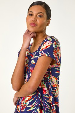 Roman Navy Leaf Print Hanky Hem Tunic Stretch Top