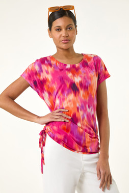 Roman Fucshia Abstract Print Tie Side Top